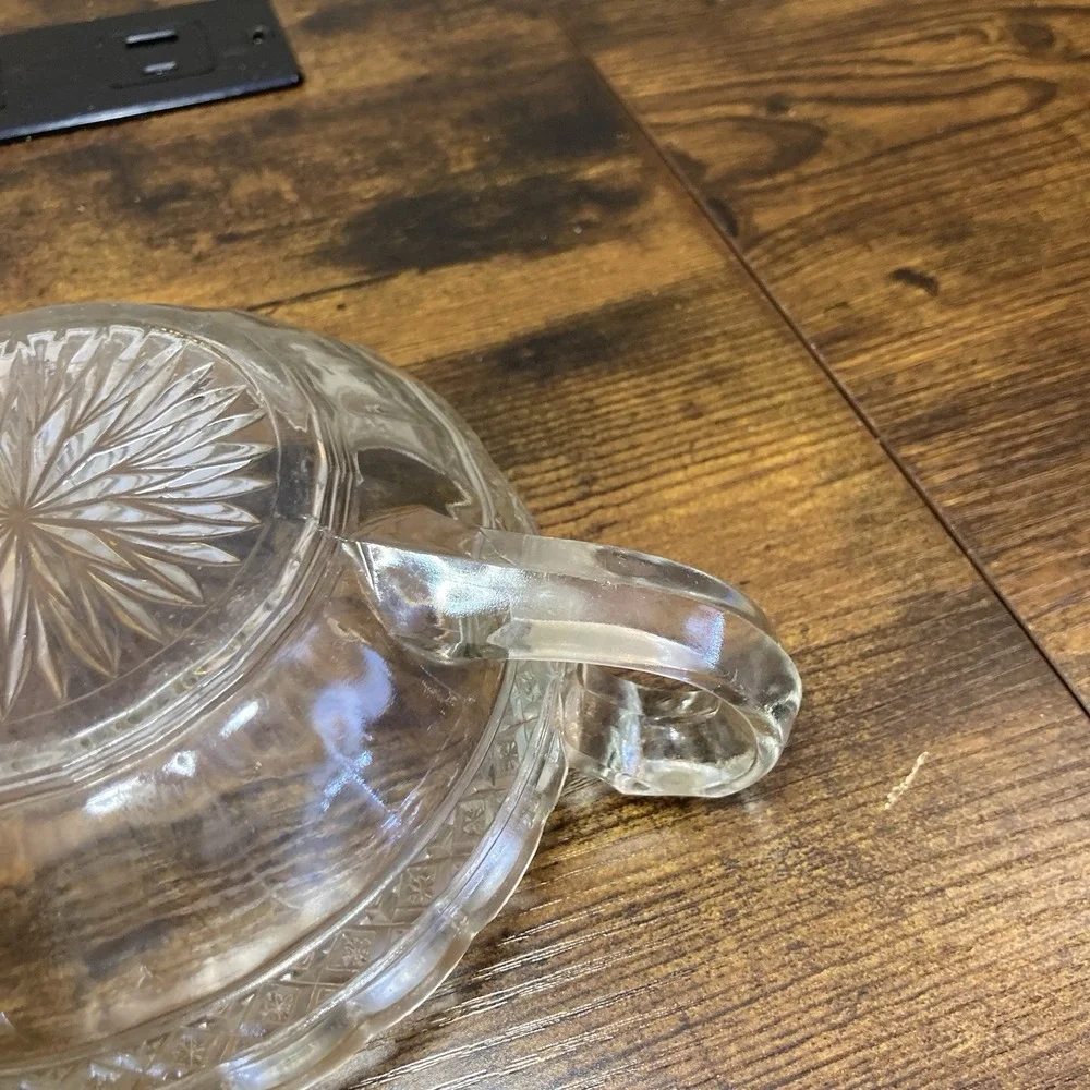 Pressed Glass Clear Handled Candy Dish Starburst Scalloped Rim